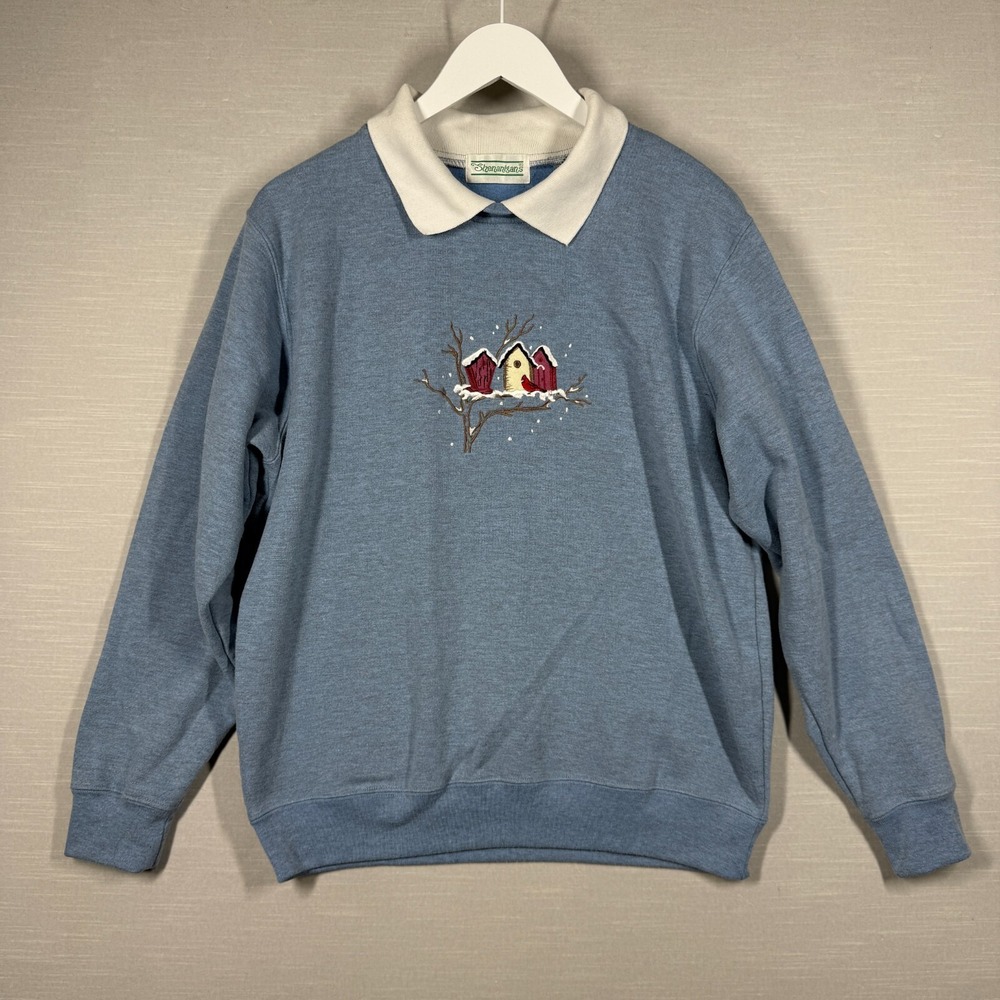 Vintage‎ Shenanigans Sweater Women L Blue Grandma Granny Collar Winter Birdhouse